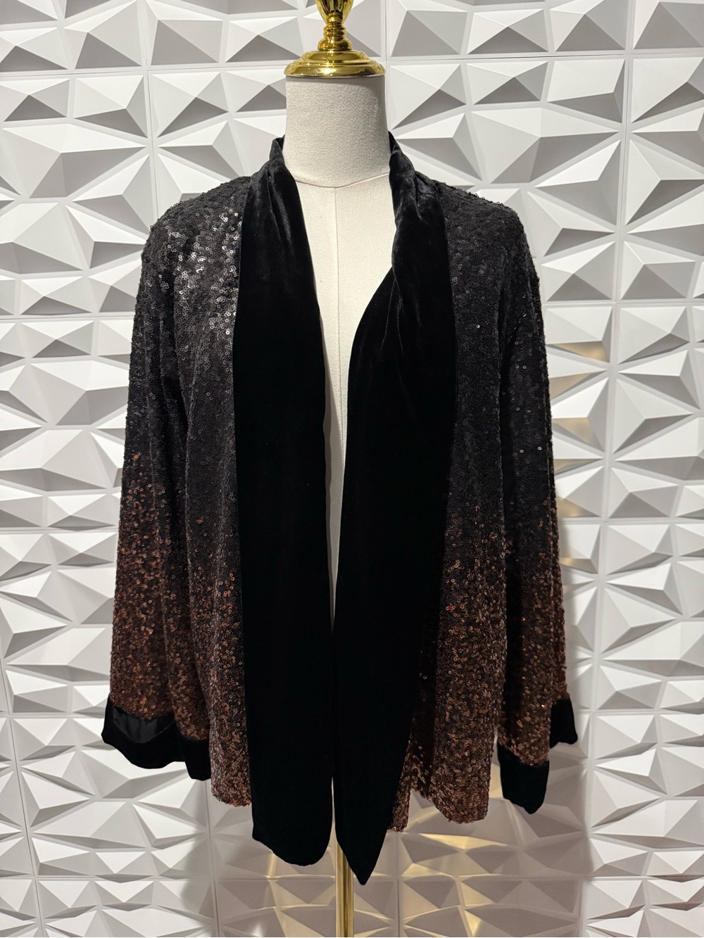 Johnny Was NWT Sequin Dorian Kimono M Black Velvet Trim - Picture 2 of 5
